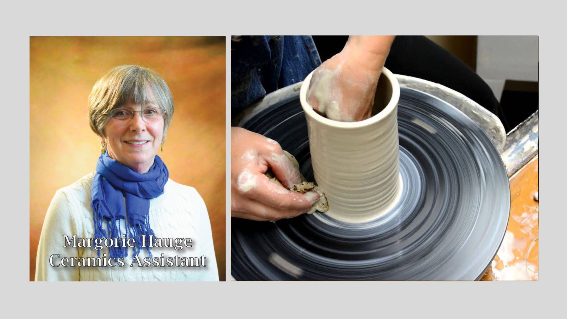 Instructor Marjorie Hauge, hands throwing clay on the wheel