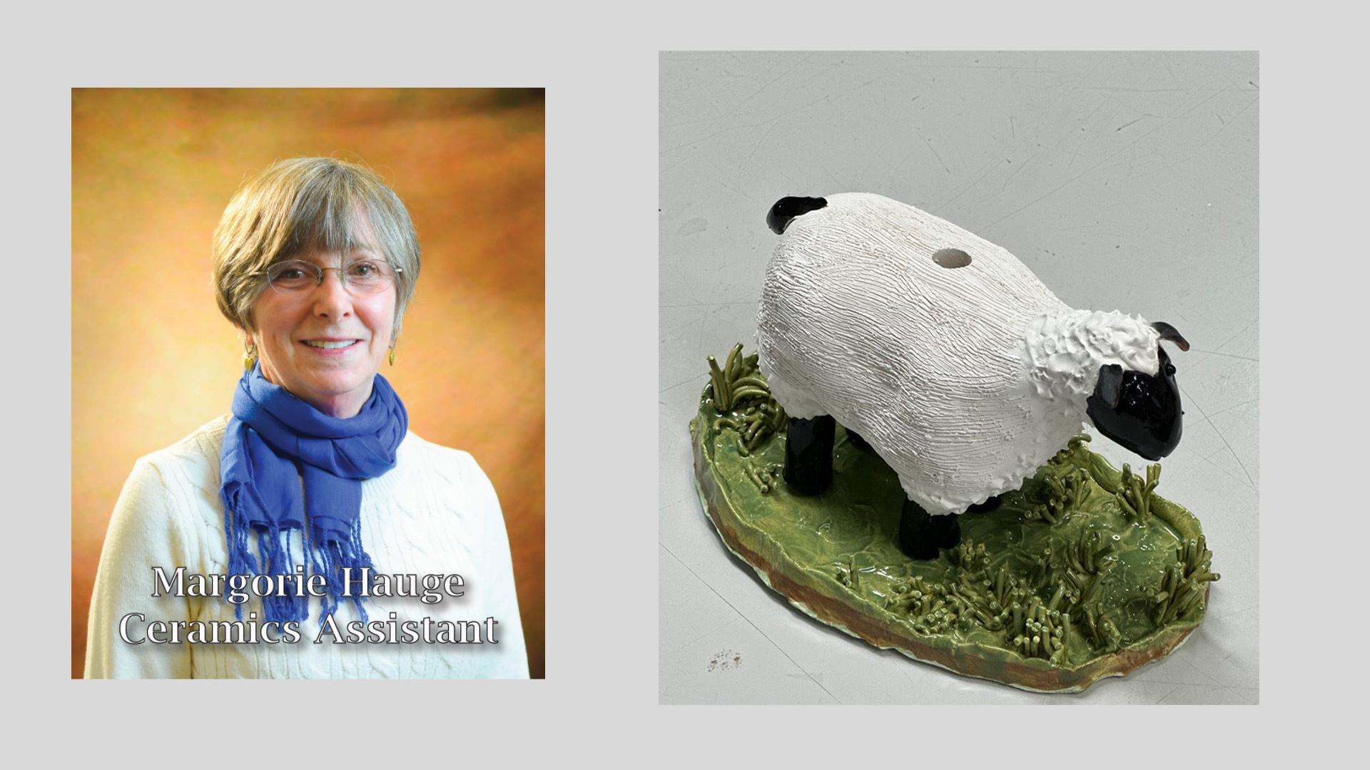 Instructor Marjorie Hauge. chia pet sheep in field