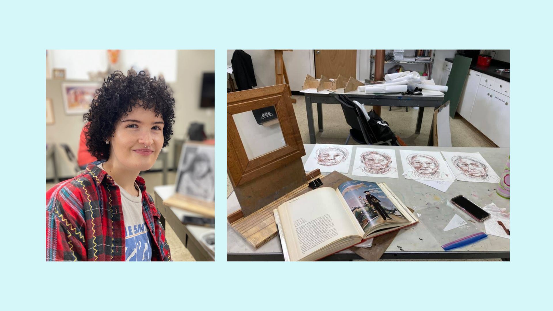 Studio scene with books and drawings of faces. Photo of instructor