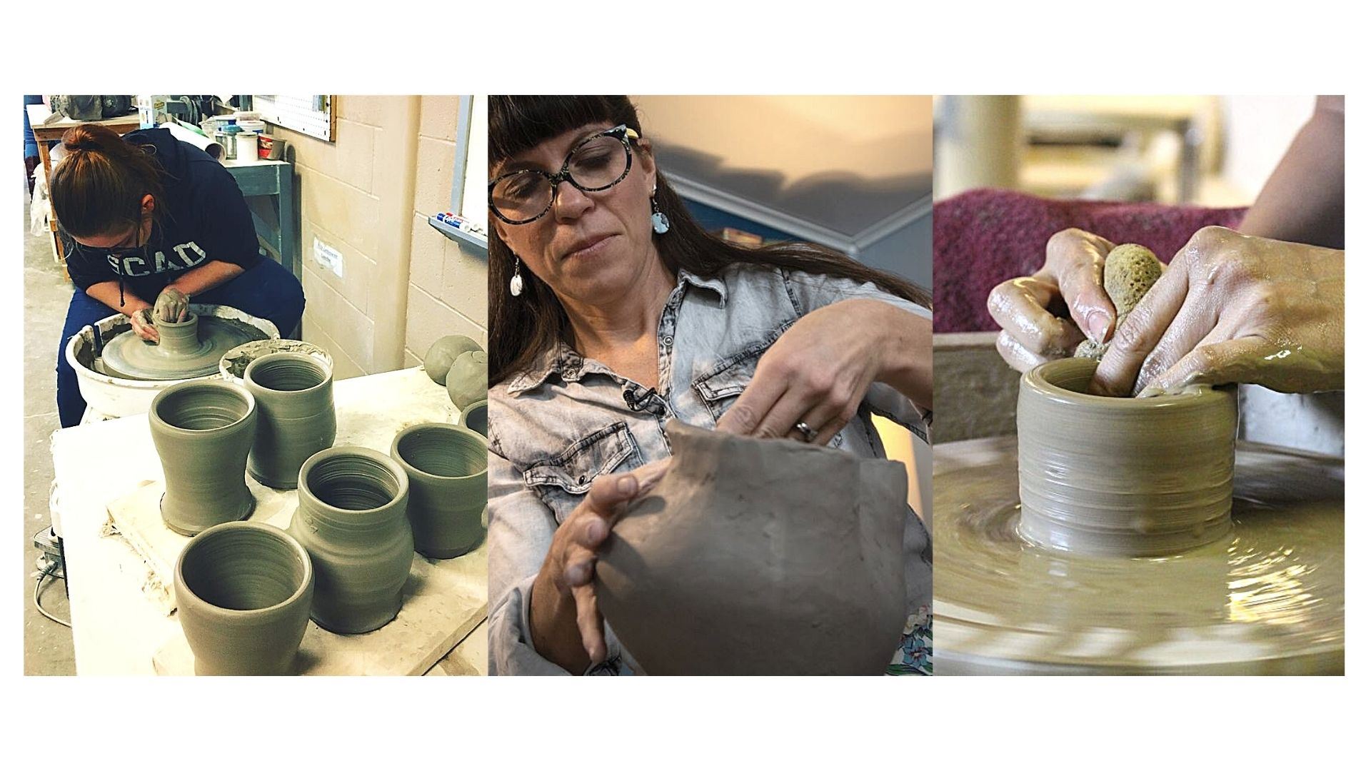 Picture of Instructor Erin Furimsky and pictures of ceramic pots being made