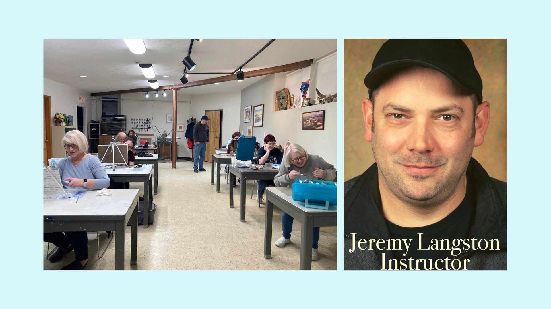 classroom of students happily painting. instructor Jeremy Langston