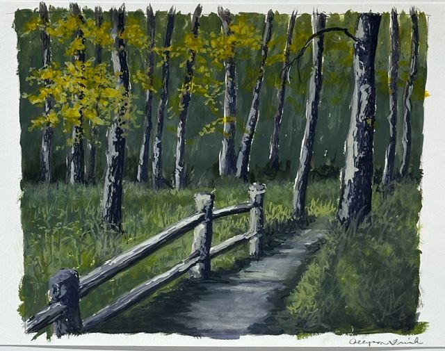 Painting of the woods with a trail and small fence by Allyson Frink