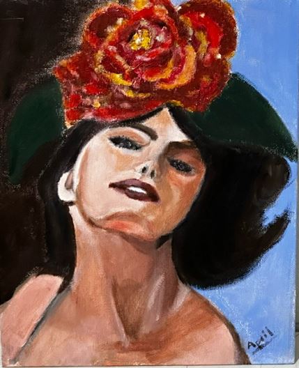 Painting of a womans face with large flower in hair by April Luo