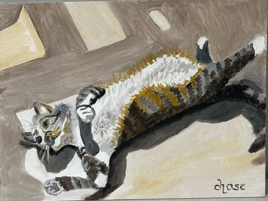 "Come Hither" painting of a cat on its back by Dr. Carmen Chase