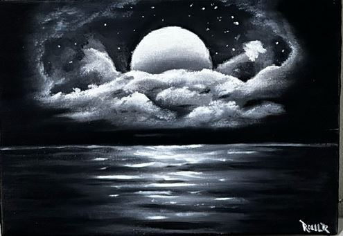 Painting of  the moon resting in clouds above a calm ocean by Meghan Roller