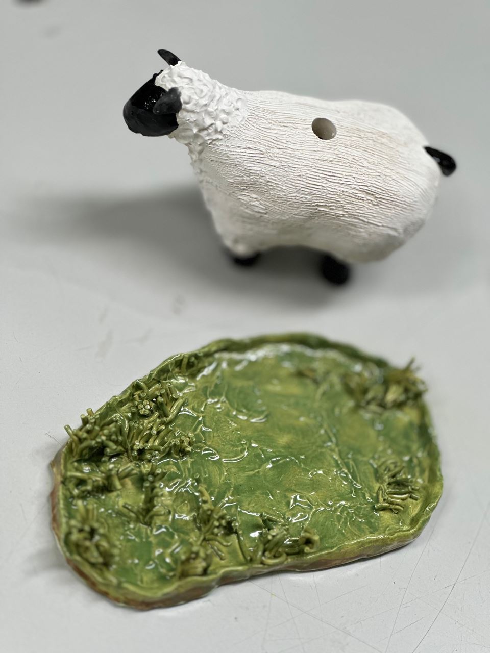 ceramic chia pet sheep and pasture